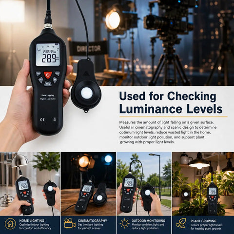 Pro Grade Digital Light Meter Lux Meter With Detachable Sensor 0 To 200000 Lux Range in hand, used for film and plant lighting checks