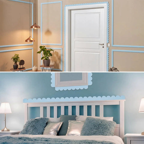 18 Pack Scalloped Wood Trim Strips Unfinished Plywood Craft Moldings For Home Decor Diy Projects Painting Wall Accent in a bedroom.