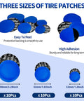 Top Shelf 33 Piece Tire Patch Kit With 30 Rubber Inserts In Three Sizes Plus Roller And Scraper for flat repairs, featuring blue rubber patches.