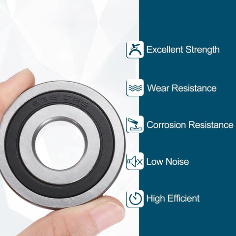 Person holding Two Pack Deep Groove Ball Bearing With Double Rubber Seals High Carbon Chrome Steel Three Quarter Inch By Two Inch; labeled features.