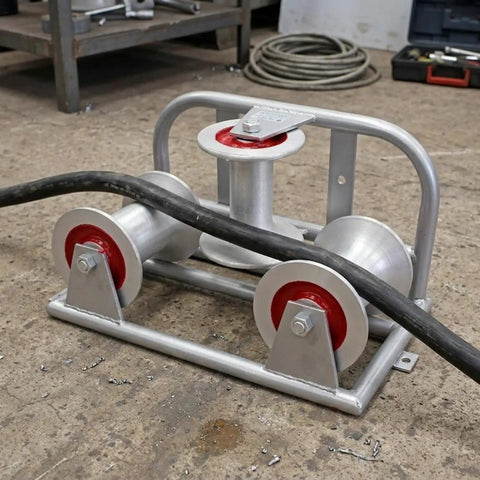 Heavy Duty Cable Guide Pulley Built Tough With Steel And Aluminum Wheels for slick wire routing on job sites.