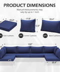 Diagram of 14 Piece Outdoor Patio Cushion Set for 6-seat wicker sectional with dimensions in navy blue, water-resistant, and non-slip.