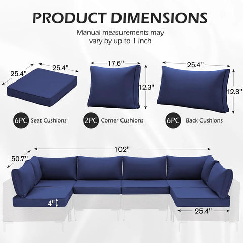 Diagram of 14 Piece Outdoor Patio Cushion Set for 6-seat wicker sectional with dimensions in navy blue, water-resistant, and non-slip.