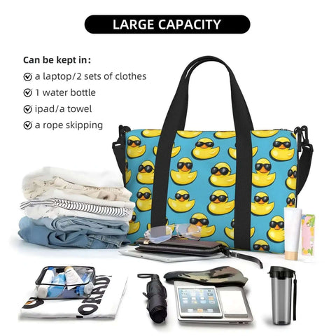 Laptop Tote Bag For Women Work Weekender With Dope Cool Duck Sunglasses Print Travel Duffle For Men Personal Item Crossbody Carry On Bag That Keeps Your Gear Organized On The Go, shown filled with clothes, a laptop, and accessories.