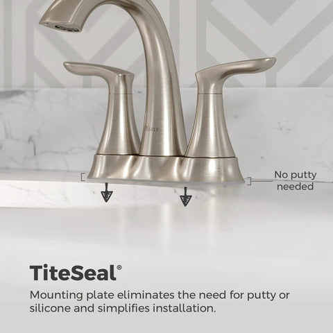 Dope Brushed Nickel 4 Inch Centerset Bathroom Faucet With Two Handles And Three Hole Vanity Sink Faucet Featuring Push And Seal Drain TiteSeal Technology WaterSense Certified close-up on sink installation