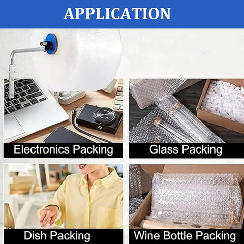 Hella Smooth Wall Mount Bubble Wrap Dispenser Stand With Easy Glide Roll Grip For Packing Crews Who Want Fast Access And Zero Shelf Clutter In Any Solid Shipping Room shown in use for electronics, glass, dish, and wine bottle packing.