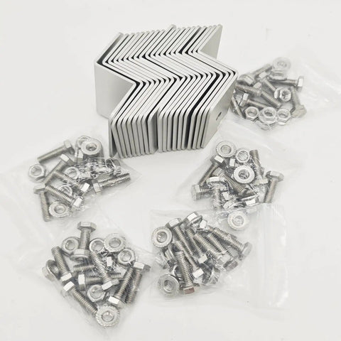 Rock Solid 20 Pack Solar Panel Z Bracket Mounting Kit Made From Rugged Aluminum Alloy showing aluminum brackets and stainless steel nuts and bolts