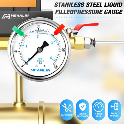 Heavy Duty Stainless Steel Liquid Filled Pressure Gauge 0 To 60 Psi, 2 1/2 Inch Dial, 1/4 NPT Thread, Center Back Mount