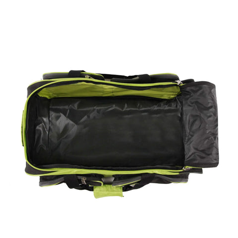 Open interior of Neon Lime 22 Inch Lightweight Carry On Rolling Duffel Bag with In Line Skate Wheels for On The Go Travel.