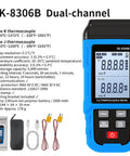Pro Grade Digital Thermocouple Thermometer With K And J Type Probes, displaying dual-channel readings and accessory kit.