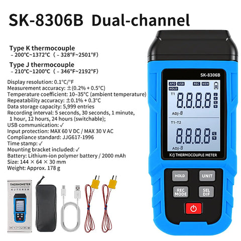 Pro Grade Digital Thermocouple Thermometer With K And J Type Probes, displaying dual-channel readings and accessory kit.