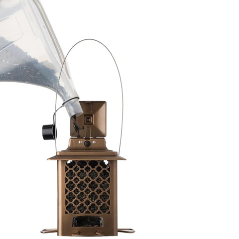 3N1 Bird Seed Super Tote And Storage For 5 Lb Capacity Carry Pour And Store Seed Easily With A Tapered Pour Spout Easy Grip Handle Secure Lid No Mess Refills And Stackable Design For Quick Feeds in use pouring seed into feeder