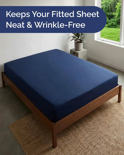 Bed with fitted sheet held by Adjustable Elastic Bed Sheet Holders With Strong Metal Clips Keeps Sheets From Slipping And Popping Off