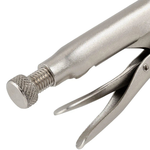 Close-up of Two Pack 18 Inch C Clamp Locking Pliers With Swivel Pads For Welding And Woodworking, showing trigger release and adjustment knob.