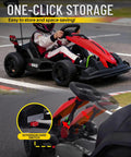 Youth driving 36V Kids Go Kart 600W Electric Drift Racing Kart For Outdoors Top Speed 10 MPH, showing red design and storage feature.