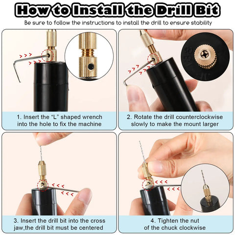 Steps to install drill bit on the Knock Yourself Out With This Solid 312 Piece Mini Electric Drill Kit Featuring Iron Eye Screws And Bits For Resin Jewelry Mold Making And Diy Keychain Projects Total Game Changer.
