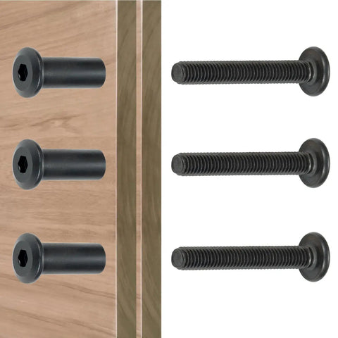 25 Piece M8x40mm Black Furniture Bolts And Cabinet Connector Screws With Barrel Nuts Kit showing M8 black bolts fitting into wood.