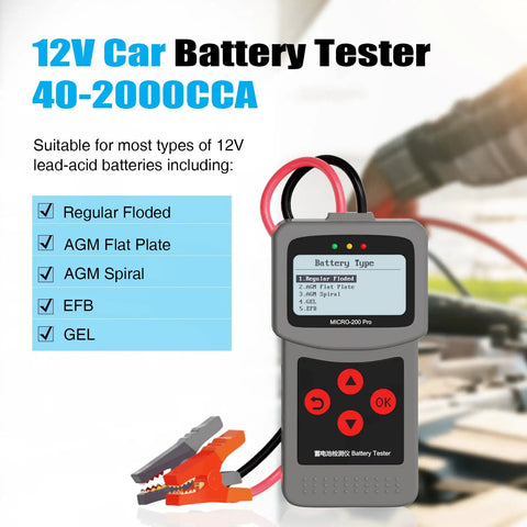 12V 24V Battery Tester For Cars And Light Trucks Cranking And Charging Checker 40 2000 CCA Range Tests Flooded AGM Gel Batteries Shows SOH And Alternator Health Auto Battery Analyzer Tool, handheld with clamps