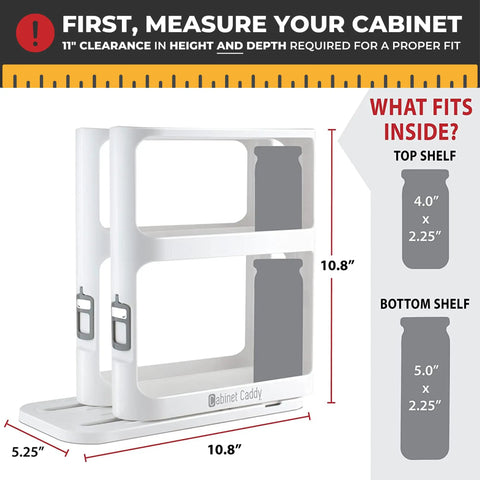 Super Darn Handy Pull And Spin Cabinet Caddy Spice Rack Organizer For Kitchen Pantry Organization Bathroom Medicine Bottles Cosmetics And Small Item Stash Keeping 2 Tier Design with dimensions shown.