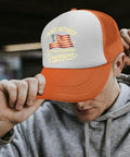 Too Cool For Grandpa Hiking Hat For Women Lightweight Running Trucker Cap with adjustable buckle, orange and white design