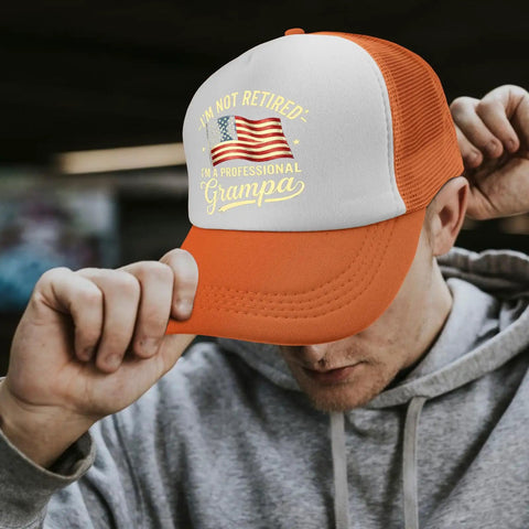 Too Cool For Grandpa Hiking Hat For Women Lightweight Running Trucker Cap with adjustable buckle, orange and white design