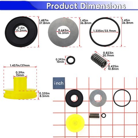 Product dimensions of Top Shelf Head Valve Replacement Straight Shooter compatible with 18 gauge brad nailers, highlighting seals and springs.