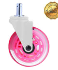 Pink Rollerblade Office Chair Wheels Set Of Five Rollin Smooth As Butter To Silently Shield Hardwood And Carpet Floors From Scratches While Upgrading Your Desk Setup With Durable Reliable Glow, single pink caster wheel with a white frame.