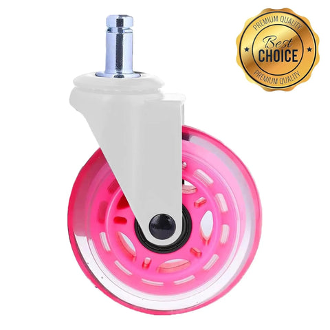 Pink Rollerblade Office Chair Wheels Set Of Five Rollin Smooth As Butter To Silently Shield Hardwood And Carpet Floors From Scratches While Upgrading Your Desk Setup With Durable Reliable Glow, single pink caster wheel with a white frame.