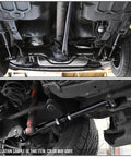 Beefy Blue Adjustable Panhard Track Bar And Lower Control Arm Kit For Fbody Camaro Firebird viewed from underneath vehicle, showcasing components.