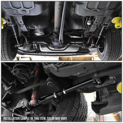 Beefy Blue Adjustable Panhard Track Bar And Lower Control Arm Kit For Fbody Camaro Firebird viewed from underneath vehicle, showcasing components.