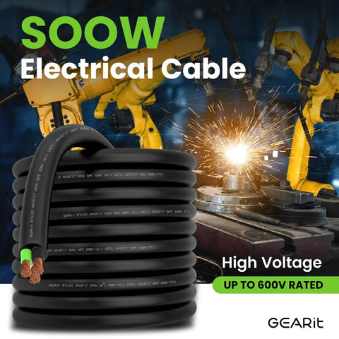 Beefy 100 Ft SOOW Portable Power Cable 8/3 Gauge With 8 AWG 3-Conductor 600V Heavy Duty Electrical Wire For Generators, Motors, Welders, EV Chargers And Industrial Outdoor Use, coiled black cable with copper ends