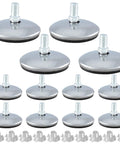 M8 Swivel Furniture Leveling Feet T Nuts 2 Inch Pad Stop That Wobble Quick Adjustable Table Base Makes Crib Rock Solid for Couches Desks and Shelves 12 Pack with chrome finish and rubber pads.