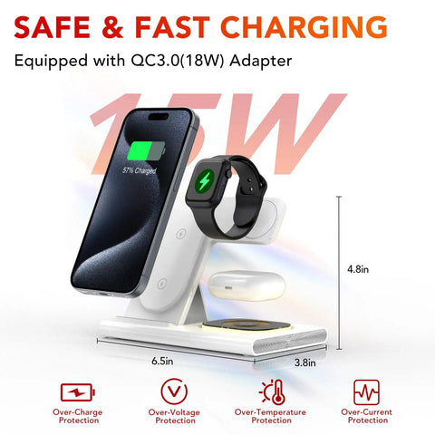 3 In 1 Foldable Wireless Charging Station Dock For iPhone Watch And AirPods Travel Ready White LED Light On The Go Stand