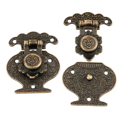Two Pack Key Hasp Lock Antique Brass For Wooden Jewelry Boxes And Gift Boxes, decorative latch with screws visible.