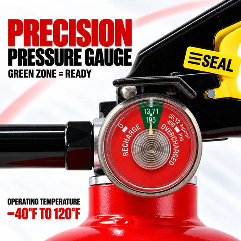Precision pressure gauge on red 2.5 lb ABC fire extinguisher, indicating green zone readiness for use. Knock Out Fires Fast With This Badass 2.5 Lb Abc Dry Chemical Fire Extinguisher Featuring A Solid 1A 10BC Rating Packed In An 8 Pack Bundle Perfect For Home Shop Van And Travel Lightweight Safety Solution You Can Trust.