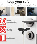 Portable Door Lock For Travel And Home Privacy, Compact Palm Size Security Device, installed on a door with security warnings.