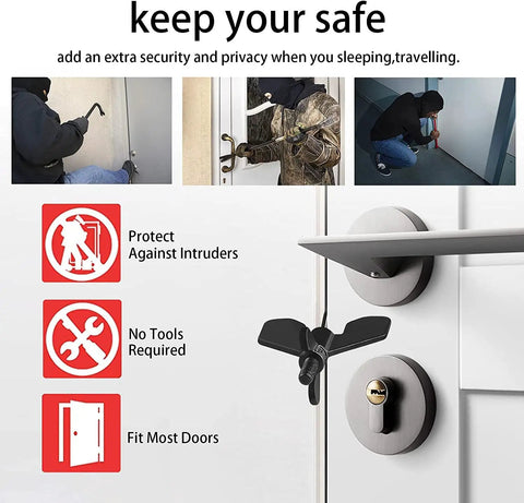Portable Door Lock For Travel And Home Privacy, Compact Palm Size Security Device, installed on a door with security warnings.