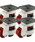 Tough As Nails Leveling Casters 4 Pack With Slick Poly Wheels And Thick Nbr Rubber Pads, showing red wheels and gray plate mounts.