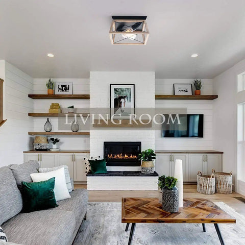 Farmhouse Wood Flush Mount Ceiling Light Fixture With Two Lights Square Batten Design For Hallway Entryway Dining Kitchen Rustic Modern Look And Cozy Industrial Vibe