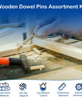 Hand using Nine Sizes 230 Piece Wood Dowel Kit With Fluted Twill Grooved Dowel Pins for carpentry on wooden boards