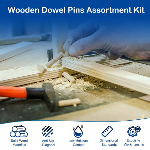 Hand using Nine Sizes 230 Piece Wood Dowel Kit With Fluted Twill Grooved Dowel Pins for carpentry on wooden boards