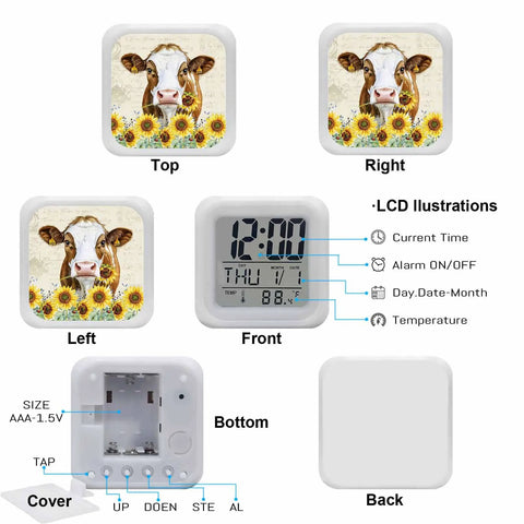 Solid Silent Digital Alarm Clock Featuring Gentle Snooze And Soft Glow Nightlight Shows Time Date And Indoor Temp in beige cube design.