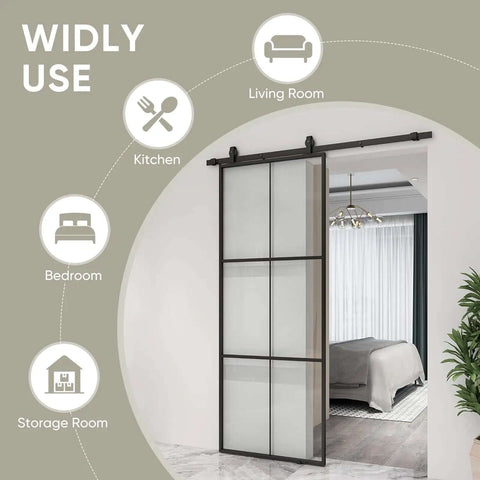 Widely used areas for Three Panel Glass Sliding Barn Door 30x84 Inches, Black Aluminum Frame With Clear Tempered Glass, Modern French Style