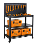52 Inch Rolling Work Table That Moves With You, Adjustable Height And Lockable Wheels, Pegboard Surface, tools displayed