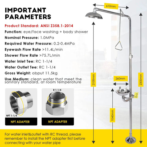 Heavy Duty Emergency Shower And Eyewash Station Combination Unit Built In Stainless Steel 304 Industrial Grade And Tough As Nails Safety Shower Eyewash With Eyewash Sign And NPT Thread