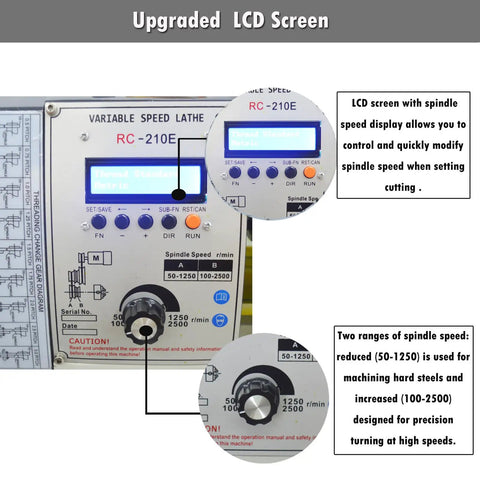 LCD screen for 8X16 Mini Metal Lathe showing spindle speed controls for precision turning, Zero Fuss Operation On This 8X16 Mini Metal Lathe Features A Quiet Gearless Drive And Snap Switch Metric Inch Dialing Perfect For Weekend Hustlers Knocking Out Custom Parts 1100W Benchtop Mill 110V.