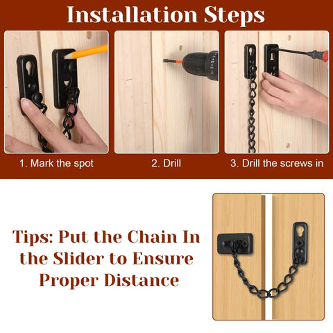 Installation steps for Heavy Duty Stainless Steel Door Chain Lock With Spring Loaded Push Button Latch And Thickened Chain Black Finish