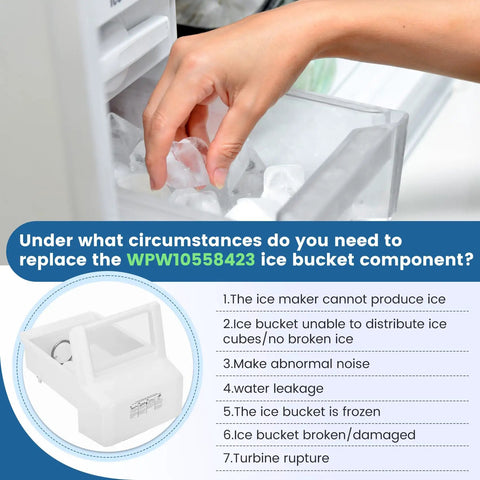 Upgraded WPW10558423 Ice Maker Replacement For Kenmore Maytag Amana IKEA Refrigerators Built To Last And Ready For Everyday Use Includes Ice Maker And Compatibility Guide For Six Point Three Inch Bucket WPW10558424, white ice bucket assembly