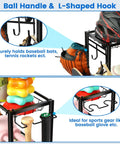 Close-up of Garage Sports Gear Organizer Rack With Steel Construction Basketball Rack With Bat Holder And Hooks displaying gear.