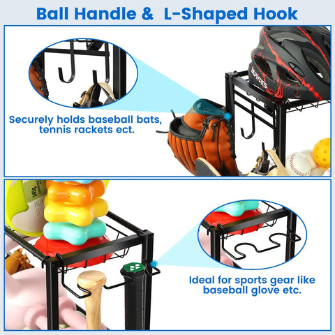 Close-up of Garage Sports Gear Organizer Rack With Steel Construction Basketball Rack With Bat Holder And Hooks displaying gear.